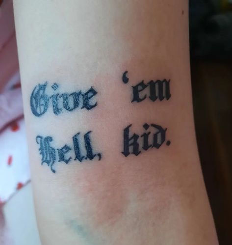 Mcr Black Parade Tattoo, Give Em Hell Tattoo, Emo Lyric Tattoos, Mcr Lyrics Tattoo, Mcr Tattoo Ideas, Falling In Reverse Tattoos, Pop Punk Tattoo, Fall Out Boy Tattoo, Blondie Tattoo