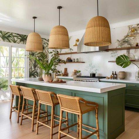 Modern Boho Kitchen, Modern Coastal Kitchen, Coastal Kitchen Ideas, Tropical Kitchen, Coastal Kitchen Decor, Tropical Interior, Beach Kitchens, Beach House Kitchens, Estilo Tropical