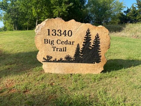 Address rocks can be any size and colour! Entrance Driveway, Landscape Boulders, Name Board Design, Entrance Landscaping, Address Stone, Driveway Sign, Driveway Entrance Landscaping, Farm Entrance, Rock Landscape