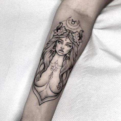 Taurus Pinup Tattoo, Astrology Goddess Tattoo, Taurus Tattoo Goddess, Bull Taurus Tattoo For Women, Earthy Taurus Tattoo, Taurus Warrior Tattoo, Tarot Card Tattoo Taurus, Tattoos Of Goddesses, Goddess Of Earth Tattoo