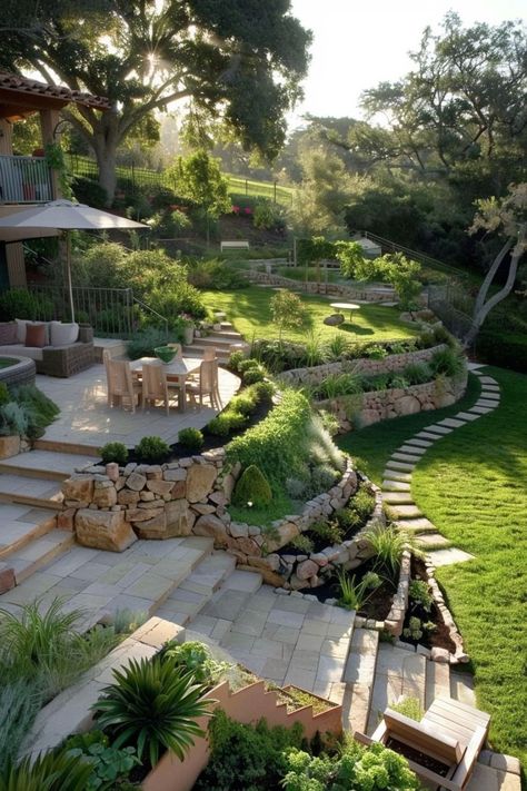 https://youtu.be/OeFdTD7Udmc Landscape Ideas For Slopes, Garden Exterior Design, Sloping Garden Ideas, Sloped Backyard Landscaping, Design Garden Ideas, Sloped Backyard, Garden Stairs, Sloped Garden, Landscaping With Large Rocks