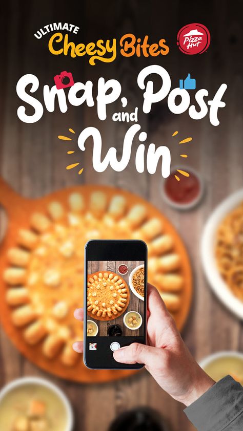 Pizza Hut – Ultimate Cheesy Bites Snap, Post and Win Contest Social Media Contests Ideas, Contest Alert Creative Ads, Contest Creative Ads, Pizza Creative Post, Contest Social Media Post, Pizza Creative Ads, Pizza Advertisement, Lany Band Wallpaper, Pizza Ads