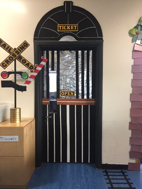 Ticket Booth Door Decoration, Polar Express Lantern, Polar Express Train Door Decorations, Polar Express Ticket Booth Door, Train Door Decorations Classroom, Polar Express Ticket Booth Diy, Polar Express Stage Decorations, Train Christmas Decorations, Polar Express Outdoor Decorations