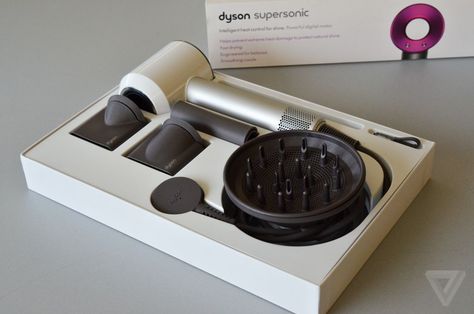 Dyson has unveiled its first ever hairdryer: the Dyson Supersonic. It's a pricey, lightweight device that's designed to prevent heat damage to users' hair and combines a number of design elements... Dyson Packaging, Pr Boxes, Supersonic Hair Dryer, Dyson Supersonic, Trendy Water Bottles, Id Design, Graphic Design Packaging, Cardboard Packaging, Heat Damage