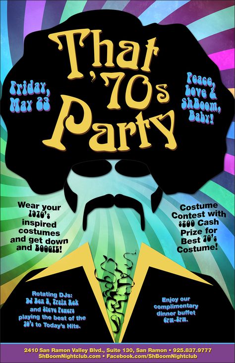 This is a flyer that we have created for ShBoom Nightclub. The theme of this event is "That 70's Party". The designer had the idea of using a Afro Disco man and also using "That 70's show" Font for the header. Far Out right! LunaGraphica | www.lunagraphica.com 50th Birthday 70s Theme, That 70s Show Party Theme, That 70s Show Party, Afro Disco, Disco Theme Parties, 70s Birthday, 70s Party Theme, 70s Theme Party, Decade Party