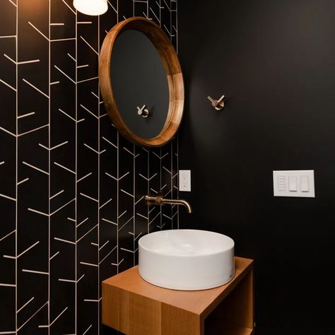 75 Small Mid-Century Modern Powder Room Ideas You'll Love - April, 2023 | Houzz Mid Century Modern Powder Room Wallpaper, Mid Mod Powder Room, Retro Powder Room Ideas, Mcm Powder Room Ideas, Mid Century Modern Half Bathroom, Midcentury Modern Powder Room Ideas, Mid Century Powder Room Ideas, Mid Century Modern Powder Room Small, Small Powder Room Sink Ideas