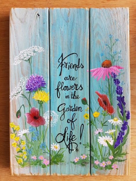 Barn Wood Art, Garden Fence Art, Painting Flowers Tutorial, Garden Mural, Easy Flower Painting, Wood Pallet Art, Fence Art, Wood Painting Art, Wooden Boards