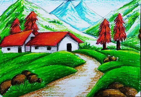 https://youtu.be/xeyLaMTMYhA Nature House Drawing, Beautiful Nature Drawings Easy, Nature Drawing Colourful, Mountain Scenery Drawing, Project Ideas For School, Nature Scenery Drawing, Hill Drawing, Beautiful Scenery Drawing, Simple House Drawing