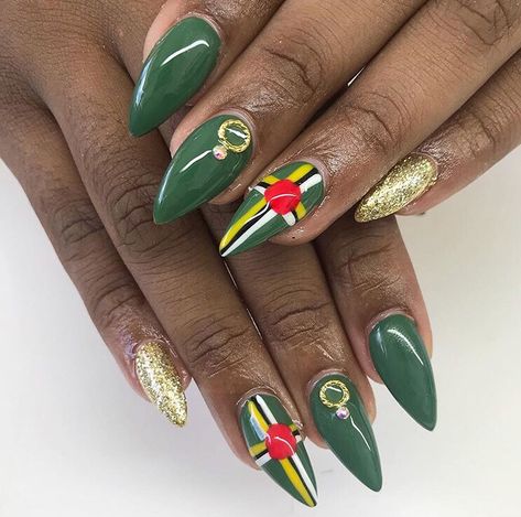 Island Nails, Short Almond Shaped Nails, Dominica Flag, Caribbean Flags, Flag Nails, Cruise Nails, Almond Shaped Nails, Face Beat Makeup, Island Gyal