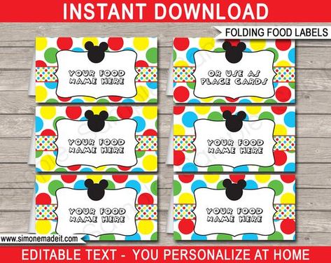 Mickey Mouse Food Labels - Mickey Mouse Theme Party - Food Tags - Placecard - Printable Party Decora Mickey Mouse Food Labels, Mickey Mouse Party Food, Mickey Mouse Template, Mickey Mouse Food, Mickey Mouse Theme Party, Food Label Template, Mickey Mouse Clubhouse Birthday Party, Party Food Themes, Party Food Labels