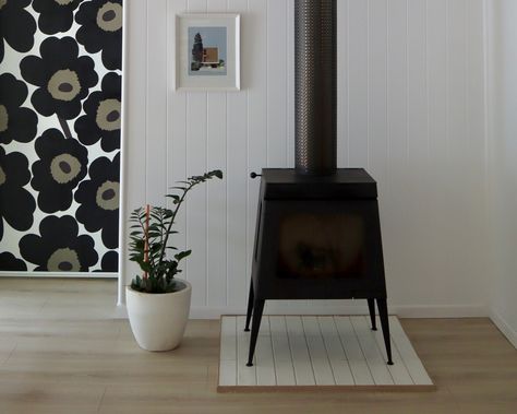 Tiled fireplace hearth — Little Red Industries Wood Heater Hearth, Tiled Fireplace Hearth, Hearth Wood Stove, Tiled Hearth, Tile Hearth, Fire Hearth, Flexible Plywood, Fireplace Area, Tiled Fireplace