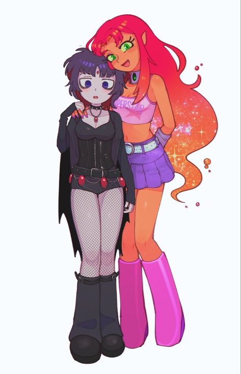 Star Fire Outfit Ideas, Teen Titans Matching Pfp 4 People, Starfire And Raven Matching Outfits, Raven X Star Fanart, Starfire X Raven Ship, Star Fire And Black Fire, Raven And Star Matching Pfp, Starfire Fanart, Raven Fanart