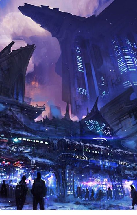 I hate tropes, and so do a lot of cyberpunk fans, but this is too pretty not to upload (by Anonymous artist) - Imgur Rpg City, Concept Art Landscape, Sci Fi Landscape, Art Steampunk, Sci Fi City, Sci Fi Environment, Sci Fi Comics, New Retro Wave, Cyberpunk Aesthetic