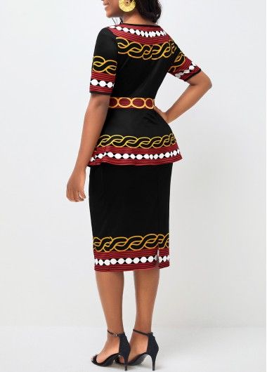 Belted Bohemian Print V Neck Dress | Rosewe.com - USD $25.77 Cameroon Clothing, Couples African Outfits, Red Long Sleeve Dress, Best African Dresses, Three Quarter Sleeve Dresses, Long Sleeve Sheath Dress, Dinner Dress Classy, African Wear Dresses, Neck Deep