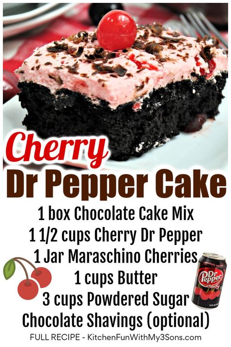 Cherry Dr Pepper Cake, Cherry Dr Pepper, Dr Pepper Cake, Cake Mix And Soda, Recipes Using Cake Mix, Soda Cake, Cherry Desserts, Moist Chocolate Cake, Cherry Pie Filling