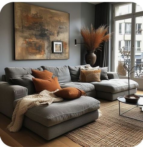 Living Room Inspiration With Grey Sectional, Dark Gray And Tan Living Room, Grey Couch Dark Wood Furniture, Industrial Living Room Grey Couch, Living Room Gray Floor Color Schemes, Earth Tone Living Room With Gray Couch, Accent Colors For Grey Living Room, Gray And Brown Living Room Ideas Cozy, Grey Couch Apartment Living Room Ideas