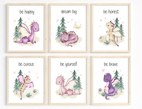 Dragon nursery art, Baby girl dragon prints, Girl dragon painting, Fairytale baby dragon, Toddler girl playroom, 6 Unframed Prints or Canvas Coordinating blanket also available using this link: https://www.etsy.com/listing/1631921240/personalized-baby-blanket-dragons-name?click_key=c8d0109b721294bbec64525489a4c783db17e2f4%3A1631921240&click_sum=79d0a967&ref=shop_home_active_2&sts=1 This listing is for a set of 6 designs with a dragon theme. IF ORDERING CANVAS: PLEASE NOTE THAT PROCESSING AND SHIPPING TIMES FOR CANVAS TAKE APPROXIMATELY 10-14 BUSINESS DAYS. ADDITIONAL SHIPPING FEES APPLY OUTSIDE OF THE USA - PLEASE CONTACT ME FOR A SHIPPING QUOTE PRIOR TO MAKING A PURCHASE FOR CANVAS IF YOU ARE NOT SHIPPING TO THE USA. This would make a wonderful addition to your nursery or a great gift for Baby Dragon Nursery, Dragon Baby Nursery, Fairytale Nursery Theme, Girl Playroom, Dragon Painting, Dragon Nursery, Wall Art Purple, Dragon Wall Art, Baby Dragons