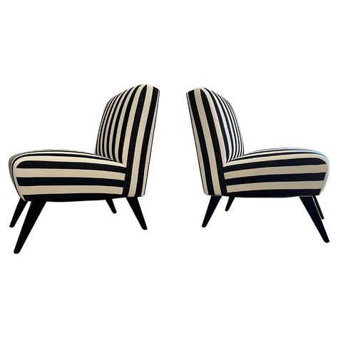 Pair of 1950s Lounge Chairs, black wooden legs and recently reupholstered in black and white striped cotton fabric. Chairs have original spring webbing. Ready for a new home. Vintage Rattan Furniture, Striped Furniture, Fabric Chairs, 1950s House, Geometric Floor, Gio Ponti, Chair Style, Rattan Furniture, Striped Rug