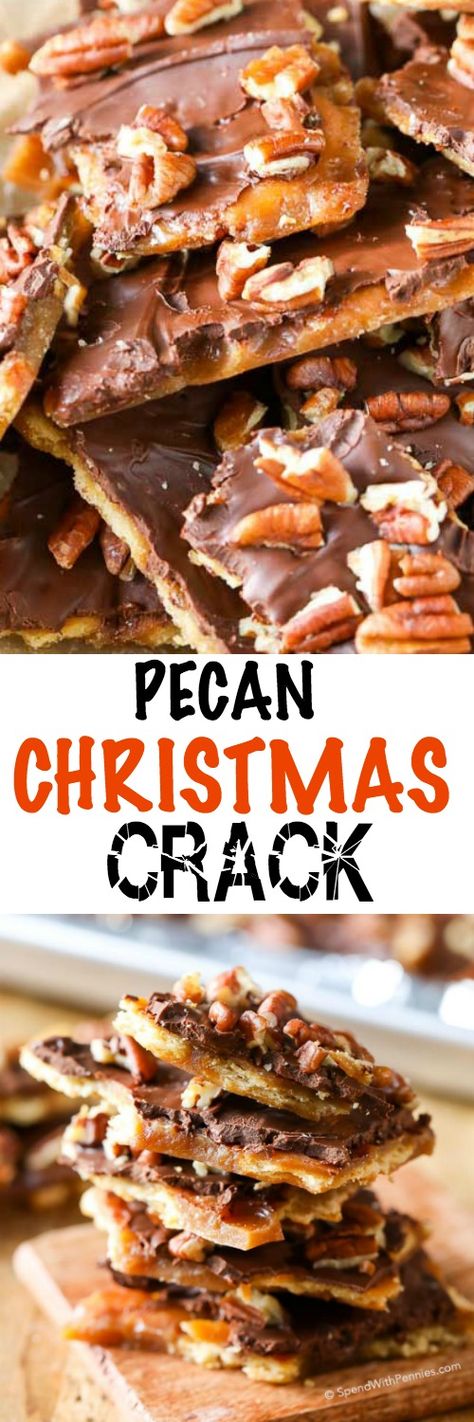 Pecan Christmas Crack. (Ritz Cracker Toffee) Imagine all of the deliciousness of toffee, topped with chocolate and pecans; once you make this toffee bark and crack it into pieces, you simply can't stop munching! Ritz Cracker Toffee, Toffee Bark, Homemade Toffee, Cracker Toffee, Ritz Cracker, Pecan Recipes, Oreo Dessert, Ritz Crackers, Chocolate Bark