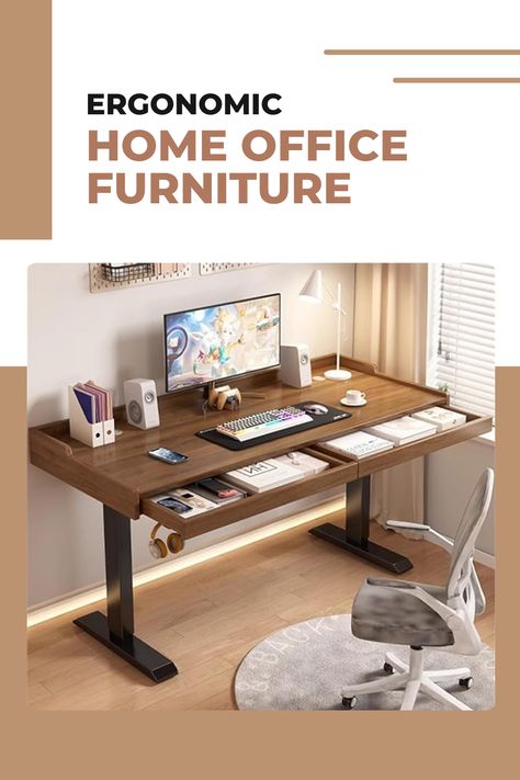 This innovative desk combines the benefits of a height-adjustable standing desk with the convenience of built-in drawers for added storage. With the touch of a button, you can effortlessly switch between sitting and standing positions, promoting better posture and reducing the risks associated with prolonged sitting. The sleek design and sturdy construction of this desk make it a perfect fit for any home office setup. #ergonomic #officedesign #homeoffice #officefurniture #office #desksetup Double Desk Home Office, Ergonomic Home Office, Home Office Built Ins, Double Desk, Office Built Ins, Standing Desk Office, Home Office Layout, Desk Layout, Desk Cabinet