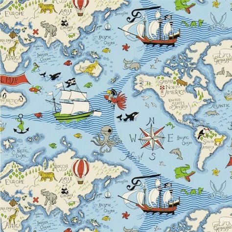 Pirate Bedding, Pirate Bedroom, Boys Room Wallpaper, Girls Room Wallpaper, Map Fabric, Continents And Oceans, Pirate Ships, Wall Stickers Wallpaper, Red Tiles