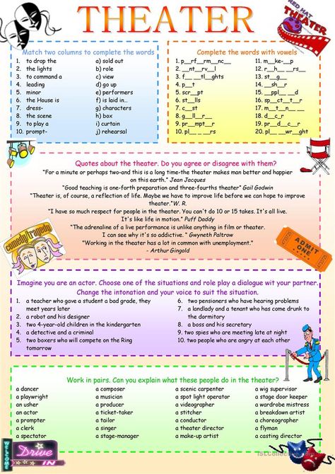 THEATER VOCABULARY - English ESL Worksheets for distance learning and physical classrooms Theatre Worksheets, Drama Vocabulary, Speaking Cards, Theatre Ideas, Teaching Theatre, Teaching Drama, Word Formation, Vocabulary English, History Worksheets