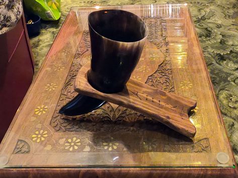 How-to Make a Wooden Stand for a Viking Drinking Horn Drinking Horn Holder Diy, Drinking Horn Holder, Drinking Horn Stand, Mead Making, Using Scrap Wood, Wood Dye, Brave Heart, Pagan Wedding, Viking Drinking Horn