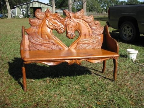 Carved Wooden Bench - Foter Carved Bench, Hand Carved Furniture, Casa Country, Equestrian Decor, Chainsaw Carving, Carved Furniture, Log Furniture, Horse Decor, Wood Carving Art