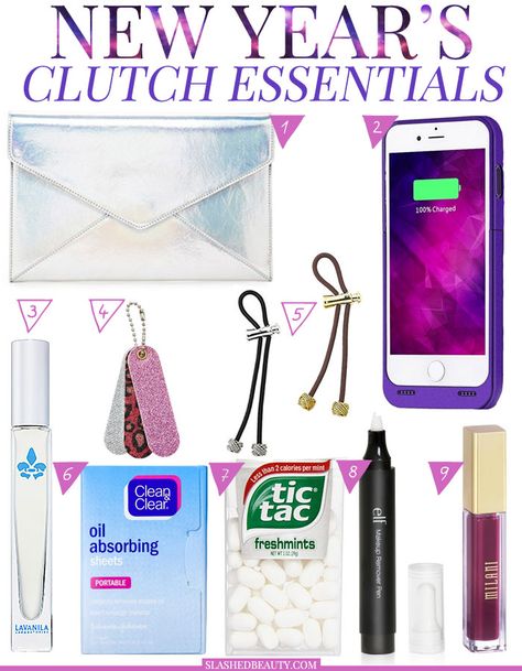 Don't leave these essentials at home! Here's what to pack in your New Year's clutch for a great night out. | Slashed Beauty Clutch Essentials, Airport Essentials, Oil Makeup Remover, Makeup Sets, Budget Beauty, Kit Ideas, Handbag Essentials, Launch Pad, Top Makeup Products