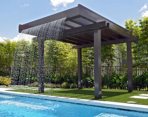 Pergola With Water Feature, Swimming Pool Waterfall Ideas, Rain Curtain Water Feature Pool, Pergola Waterfall, Tall Pergola, Rain Curtain Water Feature, Poolside Pergola, Piscina Diy, Ideas De Piscina