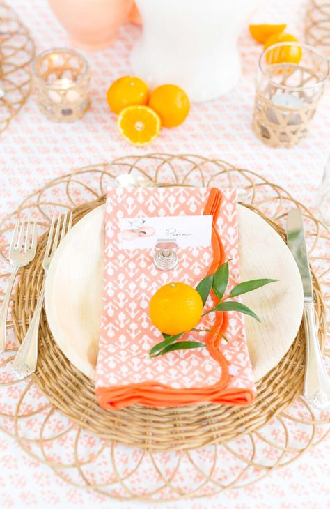 Floridian Citrus Bridal Shower | Color By K Bridal Shower Colors, Amanda Lindroth, Citrus Theme, Citrus Baby, Desert Boho, Palm Leaf Plates, Winter Park Florida, Themed Bridal Shower, Bridal Luncheon