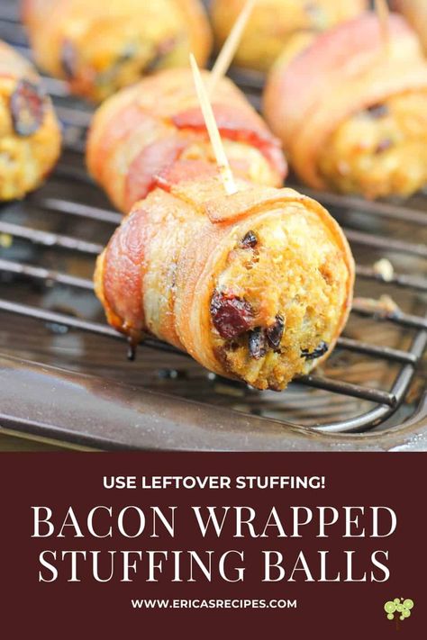 Bacon Wrapped Stuffing, Leftover Stuffing Recipes, Stuffing Balls Recipe, Leftover Stuffing, Party Finger Food, Food Thanksgiving, Stuffing Balls, Festive Appetizers, Easy Stuffing