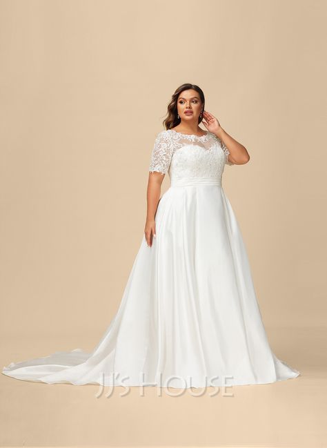 Ball-Gown/Princess Court Train Lace Satin Wedding Dress With Beading Sequins (002186373) - JJ's House Train Dress, Wedding Dress Silhouette, Court Wedding, Gown Princess, Dress Train, Buy Wedding Dress, Dresses Satin, Wedding Dress Sequin, Ball Gowns Princess