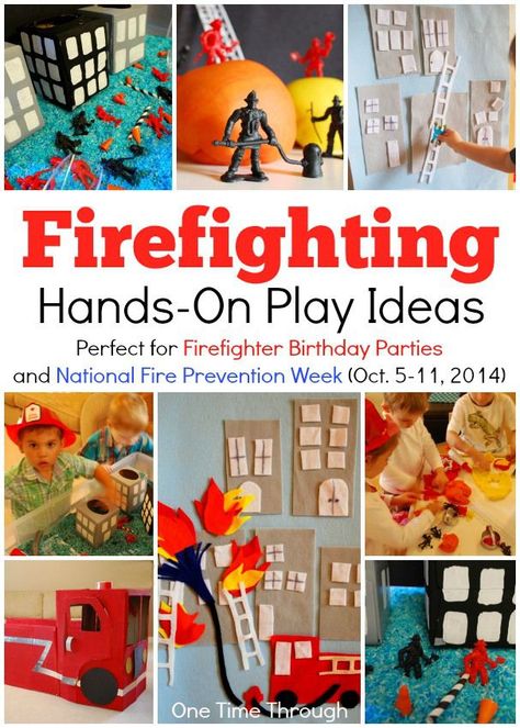 Hands-On Firefighting PLAY Ideas for a Firefighter birthday party or National Fire Prevention Week (Oct. 5 - 11, 2014) {One Time Through} #kids #firefighters #kidsbirthdays Firefighter Dramatic Play, Safety Preschool, Firefighter Birthday Party, Fire Safety Theme, Fire Safety Preschool, Firefighter Crafts, Fire Safety Week, Fire Prevention Week, Community Helpers Theme