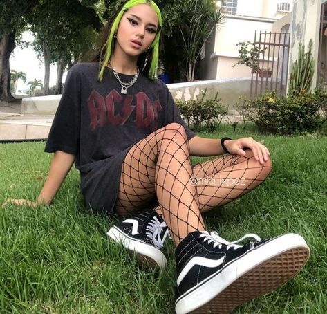 Oversized Tee With Fishnets, Fishnet Summer Outfit, Fishnets And Oversized Shirts, Band Tee And Fishnets, Jean Shorts And Fishnets Outfit, Summer Fishnet Outfit, Fishnet Tights Outfit Aesthetic, Oversized Tshirt Fishnet Outfit, Acdc Concert Outfit