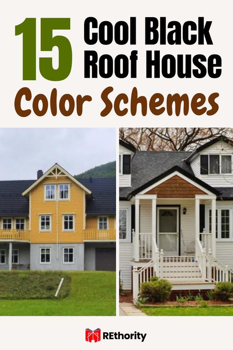 If you're looking for a unique style for your home, you'll love these 15 cool black roof house color schemes! Whether you're aiming for a modern look or a timeless classic, these color combinations are sure to make your house stand out from the crowd and give it the perfect finishing touch. From contemporary to traditional and everything in between, the options are endless. Ready to find the perfect look for your home? Keep reading to explore our favorite black roof house color schemes! Black Tin Roof Color Schemes, Black Roof Beige House, Houses With Black Roofs Exterior Colors, Black Roof House Exterior Colors, Outdoor House Color Schemes, Exterior House Colors With Black Roof And White Windows, House Color With Black Roof, Black Roofs Color Schemes, Exterior Paint Colors For House With Black Roof