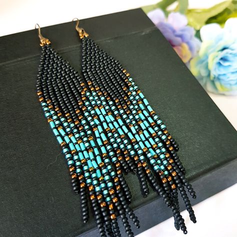 Black Beaded Tassel Earrings, Black Bohemian Long Drop Beaded Earrings, Black Tassel Drop Earrings With Colorful Beads, Black Tassel Earrings With Colorful Beads For Gift, Black Bohemian Long Drop Earrings, Black Bohemian Dangle Tassel Earrings, Bohemian Black Tassel Earrings As Gift, Bohemian Tassel Earrings With Black Beads For Gift, Bohemian Black Tassel Earrings With Dangling Beads