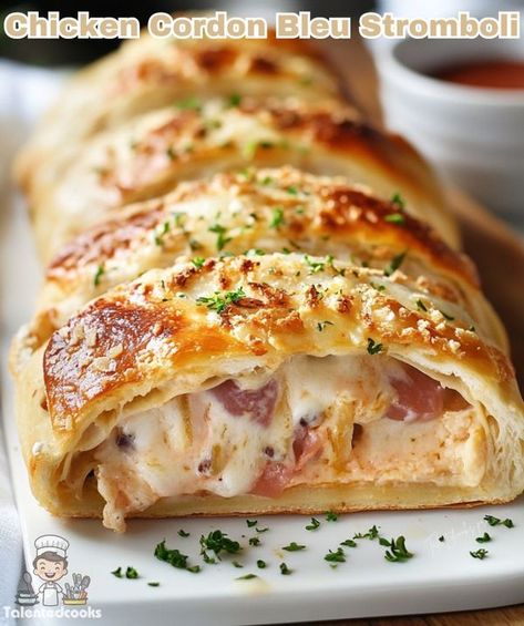 Talentedcook | 🍗🧀 Irresistible Chicken Cordon Bleu Stromboli 🧀🍗 | Facebook Chicken Cordon Bleu Stromboli, Stromboli Recipe Easy, Chicken Mozzarella Pasta, Homemade Stromboli, Savoury Treats, Chicken Mozzarella, Cordon Blue, Mozzarella Pasta, Stromboli Recipe