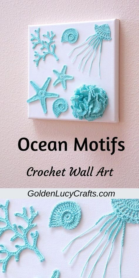 Crochet wall art ideas inspired by the sea. Sea crochet motives, crochet applique, ocean theme, home décor, wall hanging Ocean Applique Crochet, Crochet Seashell Applique Pattern Free, Crochet Seashells Pattern Free, Crochet Beach Ideas, Crochet Art Ideas, Crochet Fish Applique, Ocean Themed Crochet, Crochet Seashell Applique, Freestyle Crochet