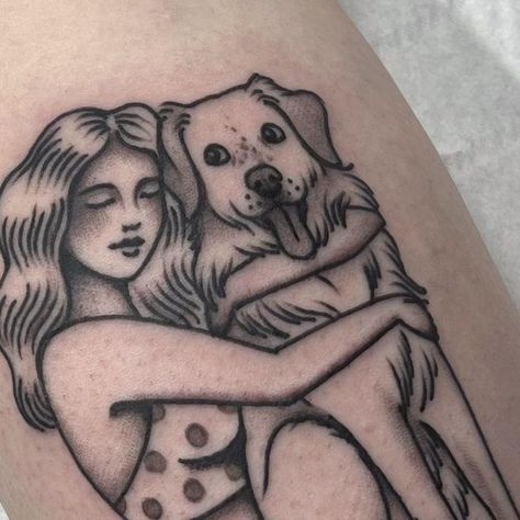 Gem Carter on Instagram: "And just in case you weren’t fed up of dog content, I got to make this tattoo for @graceelizphoto today- adjusted from my flash to look like her lovely boy Floyd. Thank you so much, I absolutely loved doing this! 🐶" Hugging Dog Tattoo, American Traditional Labrador Tattoo, Traditional Tattoos Flower Sleeve, Dog Portraits Tattoo, Tattoos Dogs Ideas, Black And White Dog Tattoo, Three Dogs Tattoo, Dog Best Friend Tattoo, American Traditional Pet Tattoo