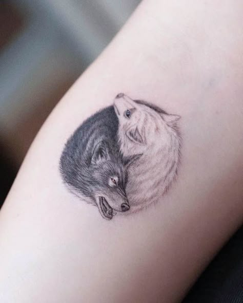 Realism yin yang wolf tattoo by @maro_ink Couple Tattoo Ying Yang, Wolf Tattoo Couple, Piece Of Mind Tattoo, Wolf Couple Tattoo, Wolf Yin Yang Tattoo, Couples Wolf Tattoos, John Tattoo, Yin Yang Fish, Our Mindful Life