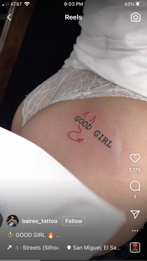 Good Girl Tattoo Words, Fitness Tattoo Ideas For Women, Good Girl Tattoo, She Devil Tattoo, Dirty Tattoo Ideas, Funhouse Mirror, Tattoo Word Fonts, Private Tattoos, Pretty Hand Tattoos