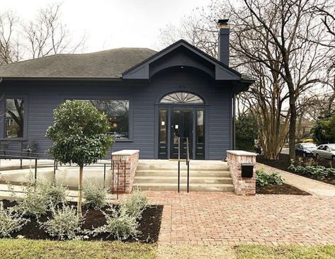 Navy Blue + Black Trim Exterior House Color Paint Navy House With Black Trim, Dark Navy House Exterior Black Trim, Blue And Black House Exterior, Dark Blue House With Black Trim, Blue House With Black Trim, Blue House Black Trim, Jennie House, Navy Blue House Exterior, Navy House Exterior