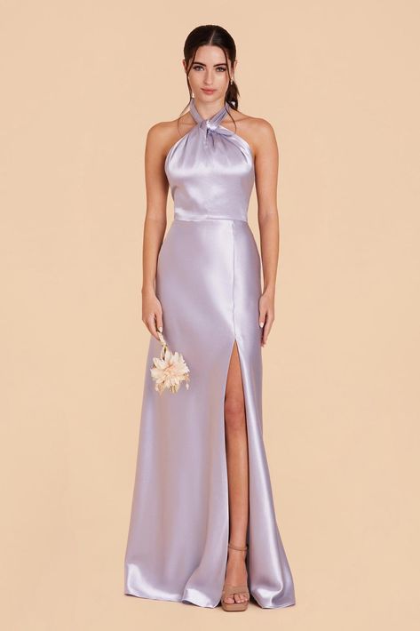 Shiny Satin Bridesmaid Dresses | Birdy Grey Purple Dress Maxi, Powder Blue And Lavender Wedding, Pastel Lavender Bridesmaid Dresses, Lilac Bridal Party, Lilac Satin Bridesmaid Dresses, Satin Lavender Bridesmaid Dresses, Lilac Dress Outfit Wedding, Bridesmaid Theme, Pastel Purple Dress