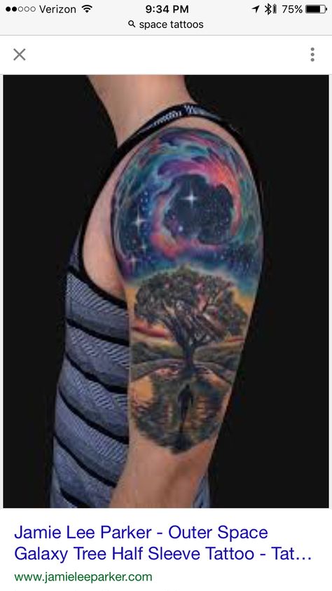 Transition from earth to space. Oak Tree Tattoo Sleeve, Geometric Tattoo Tree, Outer Space Tattoos, Tree Sleeve Tattoo, Tree Sleeve, Sky Tattoos, Galaxy Tattoo, Space Tattoo, Full Sleeve Tattoo