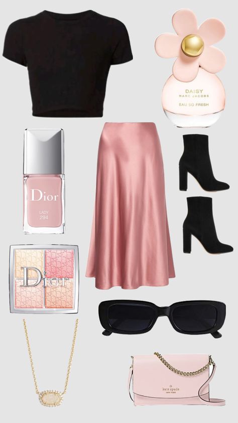 cute outfit idea! #katespade #kendrascott #dior #marcjacobs Pink Silk Skirt Outfit, Pink Skirt Outfit, Skirt Outfit Inspiration, Pink Silk Skirt, Pink Skirt Outfits, Silk Skirt Outfit, Marc Jacobs Perfume, Dior Eyeshadow, Modest Casual Outfits