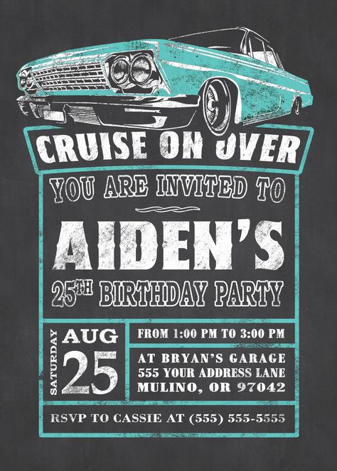 Hot Rod Birthday Party, Cholo Party Decorations, 1970 Charger, 1963 Impala, Vintage Car Birthday, Classic Cars Birthday Party, 1950 Mercury, Car Birthday Party, 25th Birthday Parties