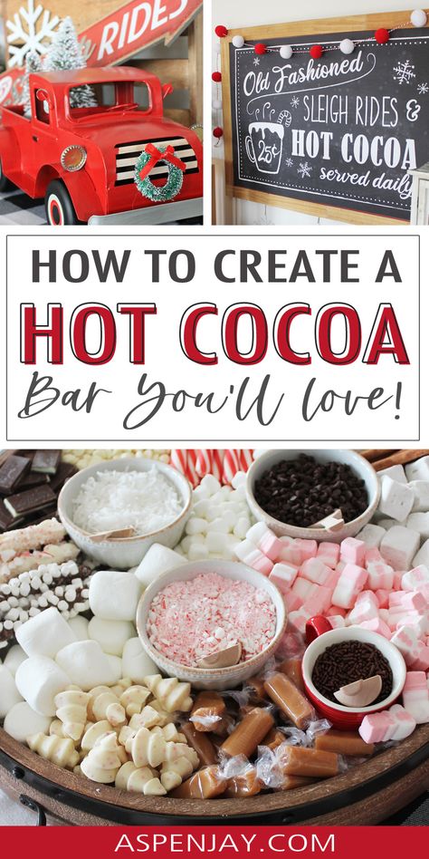 Hot chocolate bar ideas that are super cute! Loads of free printables included! Outdoor Hot Cocoa Bar, Free Hot Cocoa Bar Printables, Hot Chocolate Bar For Wedding, Hot Cocoa Bar Ideas Christmas, Hot Cocoa Bar Printables, Diy Hot Chocolate Bar, Hot Chocolate Bar Ideas, Chocolate Bar Ideas, Cocoa Bar Ideas