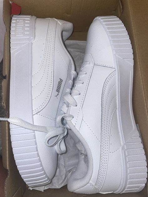 These are another one of my favorite Pair of shoes that I own!! They are all white Puma sneakers! #puma #shoes #fashion White High Heel Sandals, White Puma Sneakers, Puma Outfit, Shoe Wishlist, White Puma, Sneakers Puma, Puma Sneakers, Puma Shoes, All White