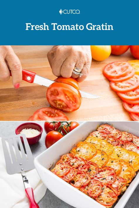 This yummy recipe combines fresh tomatoes and basil, toasted bread, and lots of cheese into a simple baked casserole. 🍅 The sweetness of the tomatoes paired against the saltiness of the cheese create a savory delight! 🤩 #MyCutco #TomatoRecipes #BasilRecipes #Gratin #FreshGardenRecipes Tomato Gratin Recipe, Tomato Gratin, Basil Recipes, Toasted Bread, Baked Casserole, Ripe Tomatoes, Garden Recipes, Tomato Recipes, Fresh Tomatoes